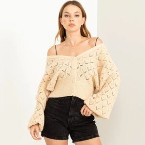 HYFVE Beige Knit Sweater Cardigan with Bubble Sleeves size Medium